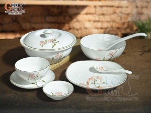 Bộ đồ ăn men trắng vẽ hoa Đào hồng, 8 chi tiết