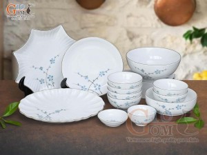 Bộ đồ ăn men trắng vẽ hoa Đào xanh, 13 chi tiết