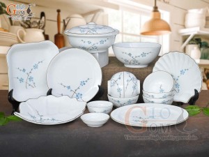 Bộ đồ ăn men trắng vẽ hoa Đào xanh, 15 chi tiết