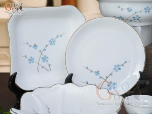 Bộ đồ ăn men trắng vẽ hoa Đào xanh, 15 chi tiết