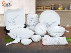 Bộ đồ ăn men trắng vẽ hoa Đào xanh, 17 chi tiết