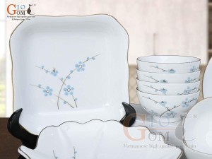 Bộ đồ ăn men trắng vẽ hoa Đào xanh, 17 chi tiết
