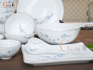 Bộ đồ ăn men trắng vẽ hoa Đào xanh, 17 chi tiết