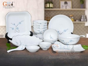 Bộ đồ ăn men trắng vẽ hoa Đào xanh, 17 chi tiết