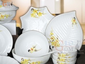 Bộ đồ ăn men trắng vẽ hoa Mai vàng, 21 chi tiết