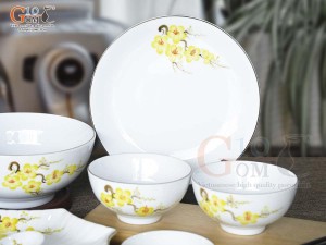 Bộ đồ ăn men trắng vẽ hoa Mai vàng, 7 chi tiết