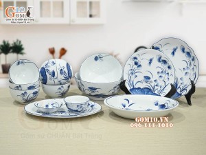 Bộ đồ ăn men trắng vẽ hoa sen tràm, 14 chi tiết 