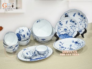 Bộ đồ ăn men trắng vẽ hoa sen tràm, 14 chi tiết 