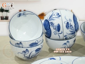 Bộ đồ ăn men trắng vẽ hoa sen tràm, 14 chi tiết 