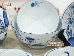 Bộ đồ ăn men trắng vẽ hoa sen tràm, 14 chi tiết 