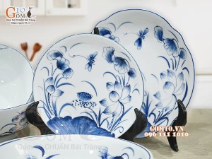 Bộ đồ ăn men trắng vẽ hoa sen tràm, 14 chi tiết 