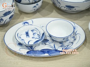 Bộ đồ ăn men trắng vẽ hoa sen tràm, 14 chi tiết 