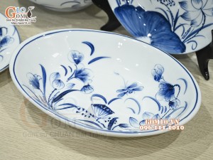 Bộ đồ ăn men trắng vẽ hoa sen tràm, 14 chi tiết 
