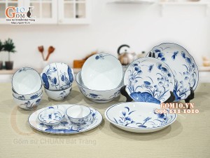 Bộ đồ ăn men trắng vẽ hoa sen tràm, 14 chi tiết 