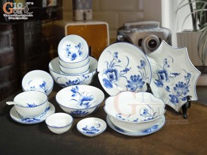 Bộ đồ ăn men trắng vẽ hoa Sen tràm, 16 chi tiết