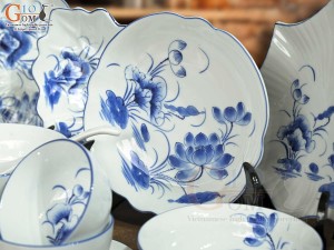 Bộ đồ ăn men trắng vẽ hoa Sen tràm, 16 chi tiết