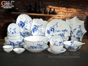 Bộ đồ ăn men trắng vẽ hoa Sen tràm, 20 chi tiết