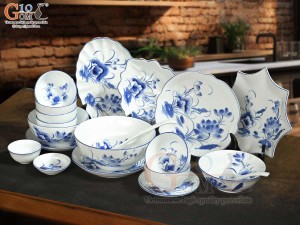 Bộ đồ ăn men trắng vẽ hoa Sen tràm, 20 chi tiết
