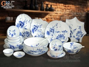 Bộ đồ ăn men trắng vẽ hoa Sen tràm, 20 chi tiết