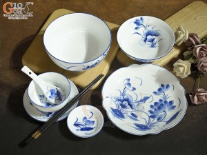 Bộ đồ ăn men trắng vẽ hoa Sen tràm, 7 chi tiết