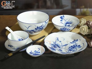 Bộ đồ ăn men trắng vẽ hoa Sen tràm, 7 chi tiết
