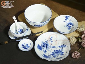 Bộ đồ ăn men trắng vẽ hoa Sen tràm, 7 chi tiết