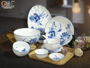 Bộ đồ ăn men trắng vẽ hoa Sen tràm, 9 chi tiết