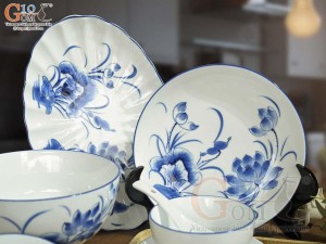 Bộ đồ ăn men trắng vẽ hoa Sen tràm, 9 chi tiết