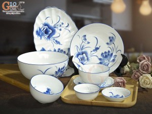 Bộ đồ ăn men trắng vẽ hoa Sen tràm, 9 chi tiết