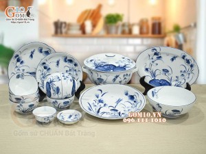 Bộ đồ ăn men trắng vẽ hoa sen tràm cổ, 14 chi tiết