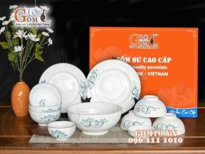 Bộ đồ ăn men trắng vẽ hoa Sen xanh, 11 chi tiết