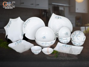 Bộ đồ ăn men trắng vẽ hoa Sen xanh, 15 chi tiết