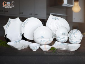 Bộ đồ ăn men trắng vẽ hoa Sen xanh, 15 chi tiết