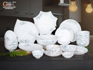 Bộ đồ ăn men trắng vẽ hoa Sen xanh, 24 chi tiết