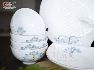 Bộ đồ ăn men trắng vẽ hoa Sen xanh, 24 chi tiết