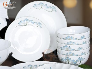 Bộ đồ ăn men trắng vẽ hoa Sen xanh, 24 chi tiết