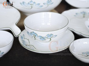 Bộ đồ ăn men trắng vẽ hoa Sen xanh, 24 chi tiết
