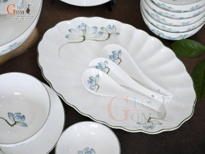 Bộ đồ ăn men trắng vẽ hoa Sen xanh, 24 chi tiết