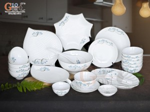 Bộ đồ ăn men trắng vẽ hoa Sen xanh, 24 chi tiết