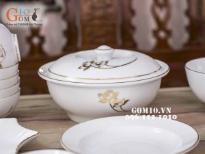 Bộ đồ ăn men trắng vẽ Sen Vàng Kim