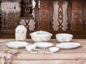 Bộ đồ ăn men trắng vẽ Sen Vàng Kim