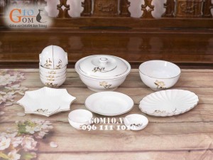 Bộ đồ ăn men trắng vẽ Sen Vàng Kim