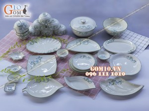 Bộ đồ ăn men kem vẽ sen xanh - Chỉ xanh - Đầy đủ các món