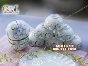 Bộ đồ ăn men kem vẽ sen xanh - Chỉ xanh - Đầy đủ các món