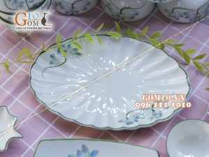 Bộ đồ ăn men kem vẽ sen xanh - Chỉ xanh - Đầy đủ các món