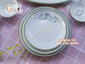 Bộ đồ ăn men kem vẽ sen xanh - Chỉ xanh - Đầy đủ các món