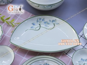 Bộ đồ ăn men kem vẽ sen xanh - Chỉ xanh - Đầy đủ các món