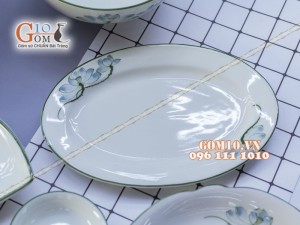 Bộ đồ ăn men kem vẽ sen xanh - Chỉ xanh - Đầy đủ các món