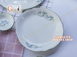 Bộ đồ ăn men kem vẽ sen xanh - Chỉ xanh - Đầy đủ các món