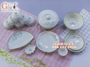 Bộ đồ ăn men kem vẽ sen xanh - Chỉ xanh 001